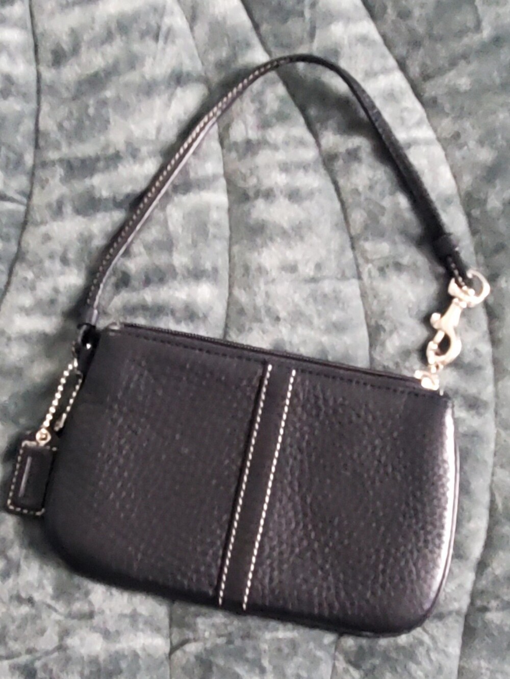 Coach Black Pebbled Leather Wristlet with Contrast Stitching